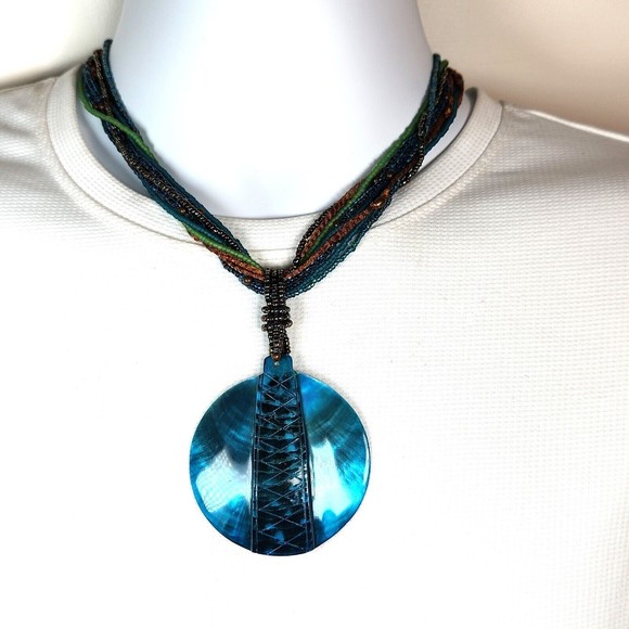 Mother of Pearl Pendant Necklace Dyed Ocean Blue Beaded Multi-Strand 24 in. - Picture 1 of 9